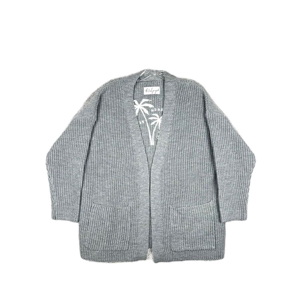 "The Beach People" Palm Trees Open Cardigan Thick Sweater Gray Sz M/L